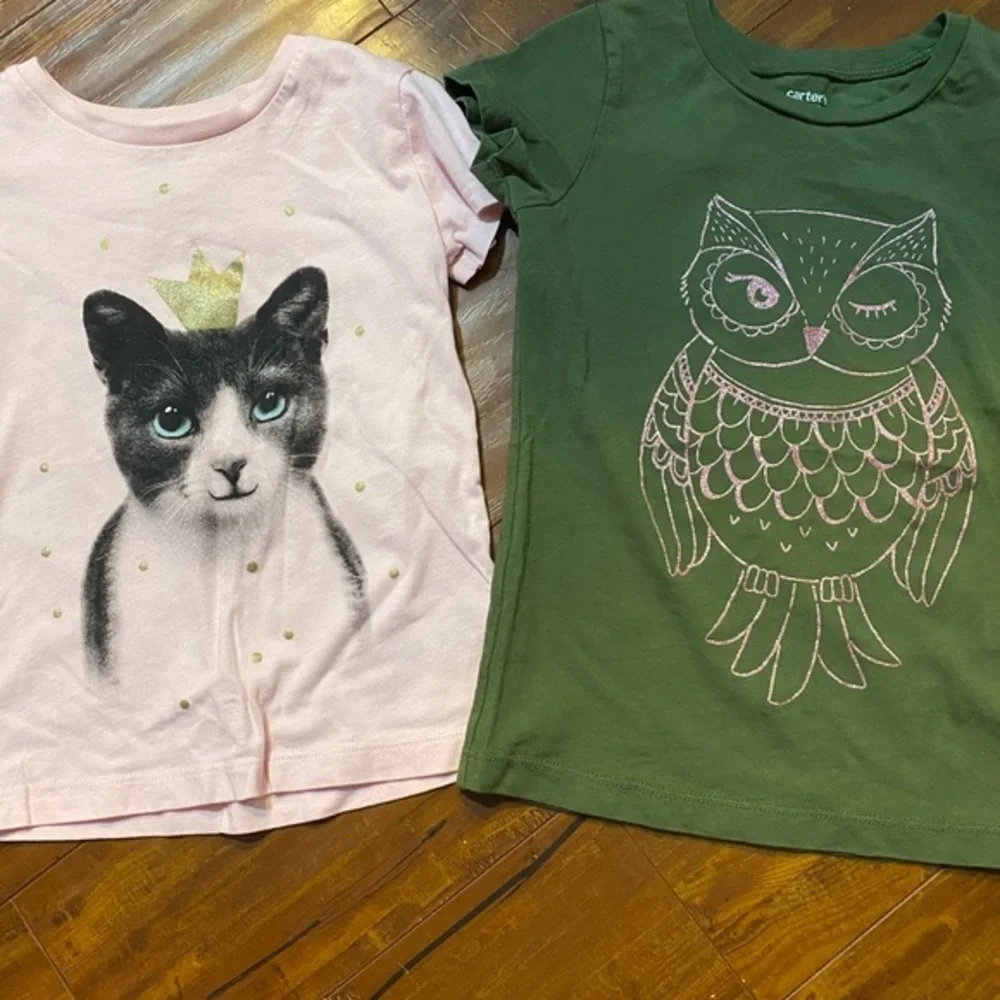 Carter’s Girls Size 4/5 Owl Cat Graphic Tee Shirt Lot of 2 Glitter